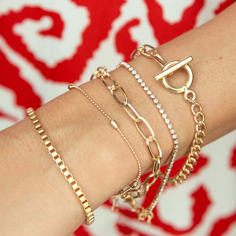 Gold Rhinestone Geometric‎ 5-pcs Bracelet Set